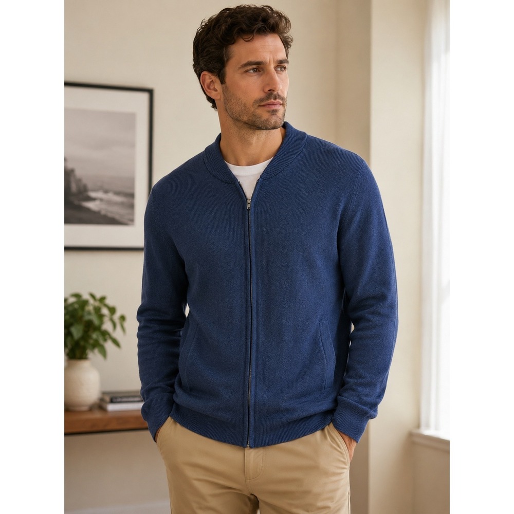 Banana Republic Mens XL Navy Blue Full Zip Cotton Blend Knit Bomber Sweater